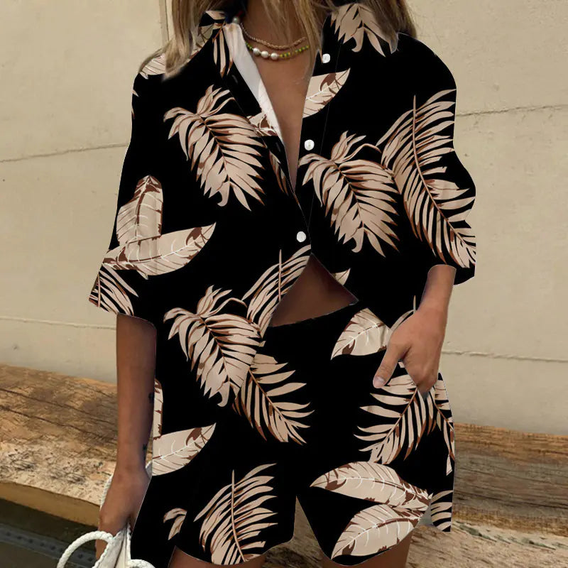 2pc Women's Printed Shirt & Wide Leg short pants Set