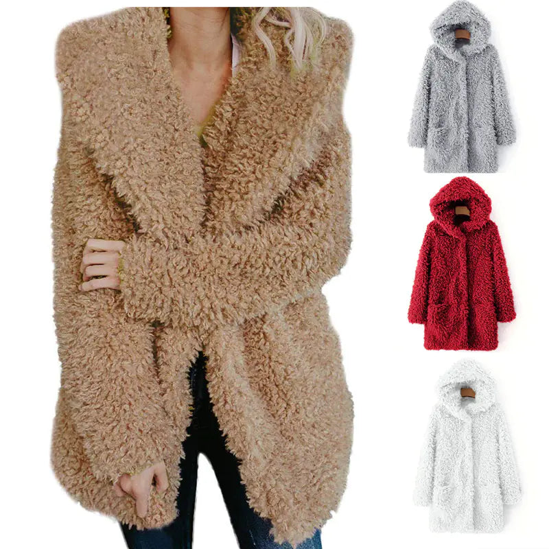 Women's Hooded Lambswool Long Sleeve Coat with Pockets
