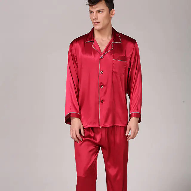 Men's Satin Pajamas Lapel Collar Sleepwear Set with Trousers