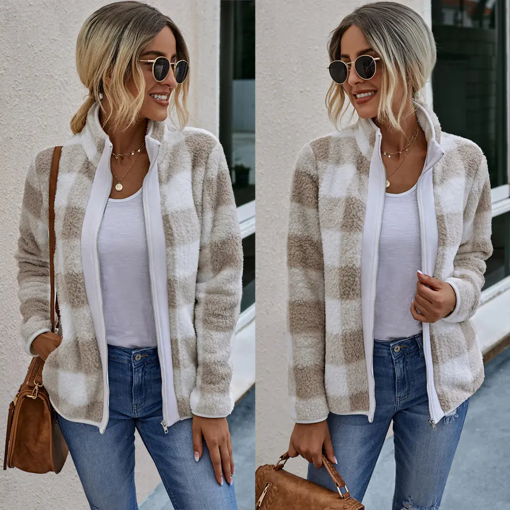 Chic Plaid Plush Zip Coat