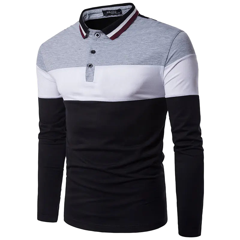 Men's Slim Fit Long Sleeve Color Block Polo Shirt