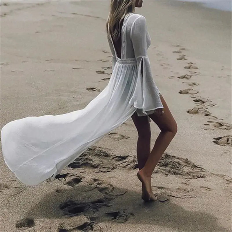 Bamboo Fabric Cover-Up with Flare Sleeves and Open Back