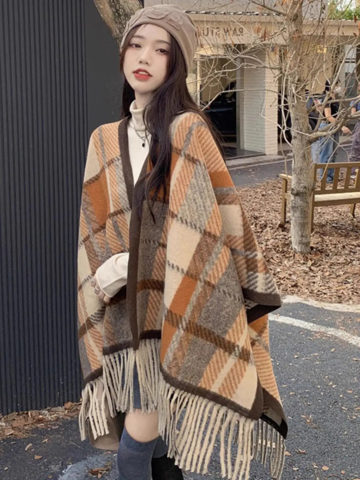 Versatile English Plaid Shawl Cape