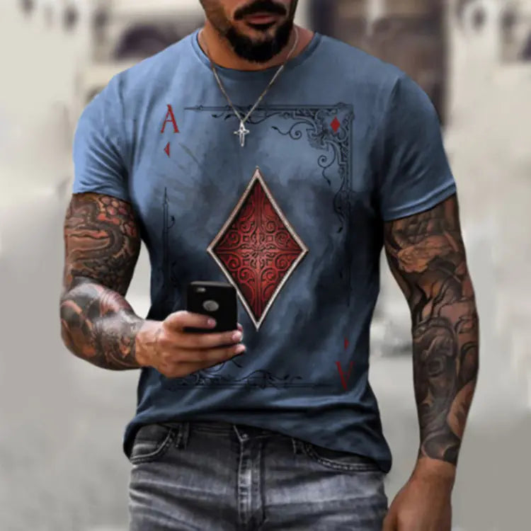 Men's Casual Round Neck Short Sleeve Playing Card T-Shirt