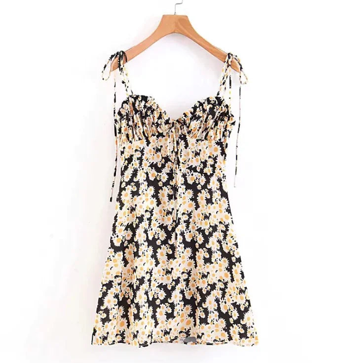 Retro Daisy Print Backless Dress for Beach