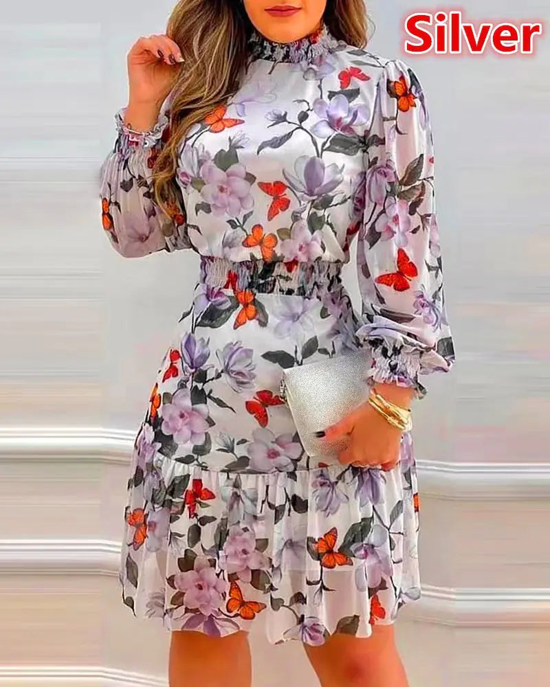 Women's Floral Print Dress with Pile Collar Design