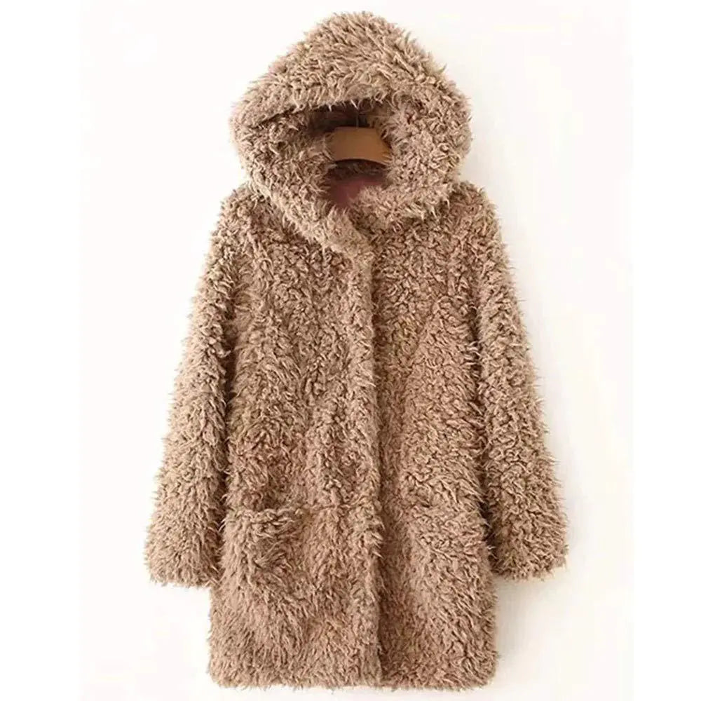 Women's Hooded Lambswool Long Sleeve Coat with Pockets