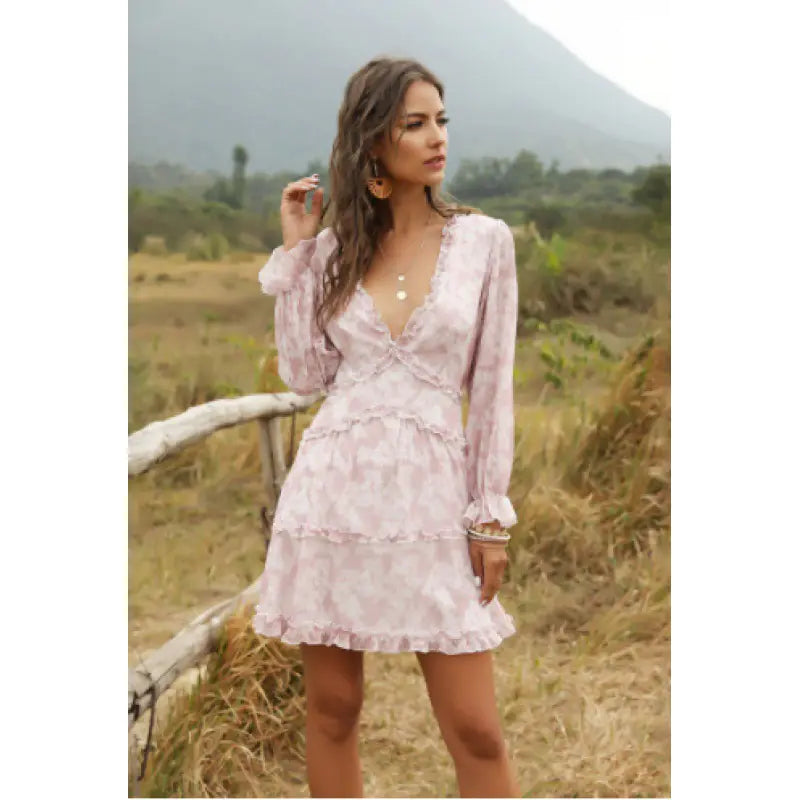 Sexy Backless Floral Dress with Ruffle Details