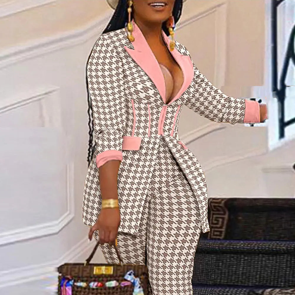 Houndstooth Blazer and Pants Set for Women