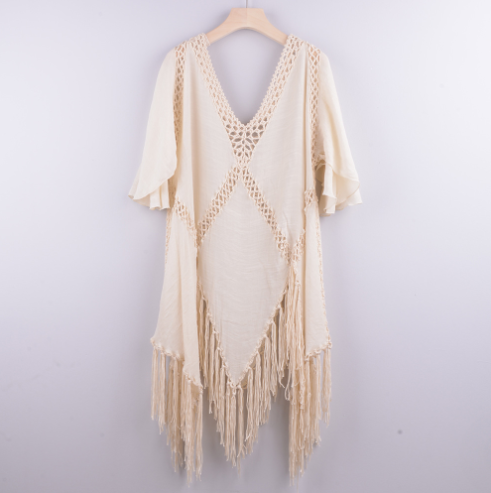 Irregular Crochet Tassel Deep V Beach Dress Cover-Up