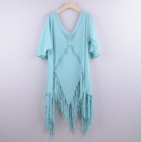 Irregular Crochet Tassel Deep V Beach Dress Cover-Up