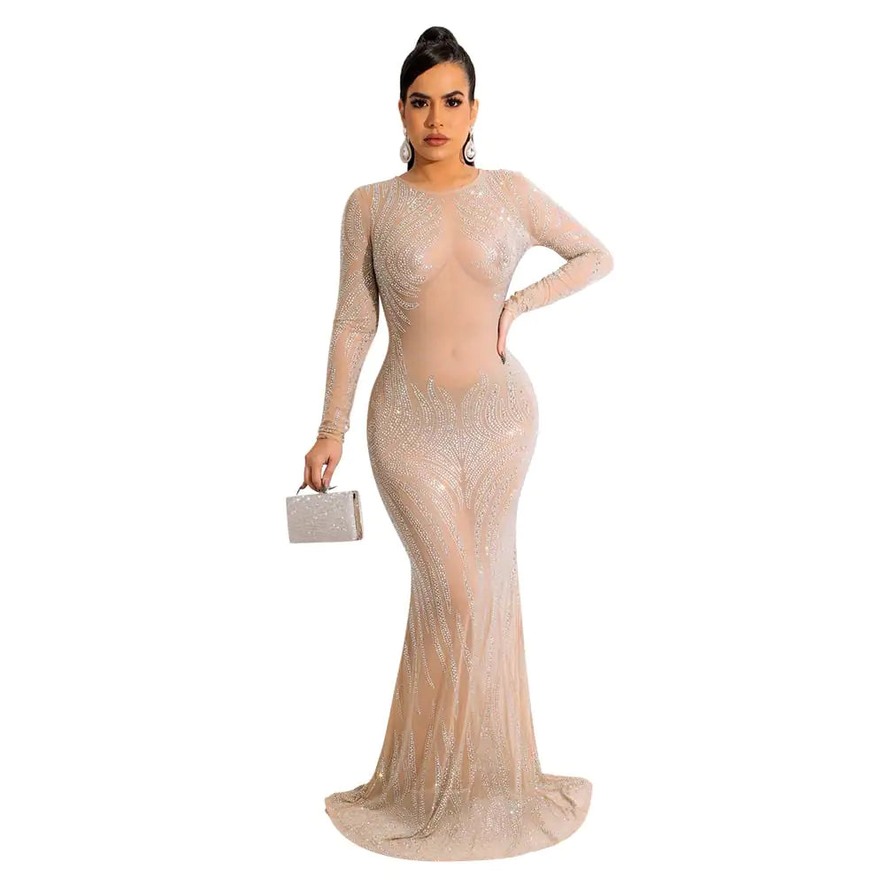 Rhinestone Fishtail Dress with See-through Red Carpet Design