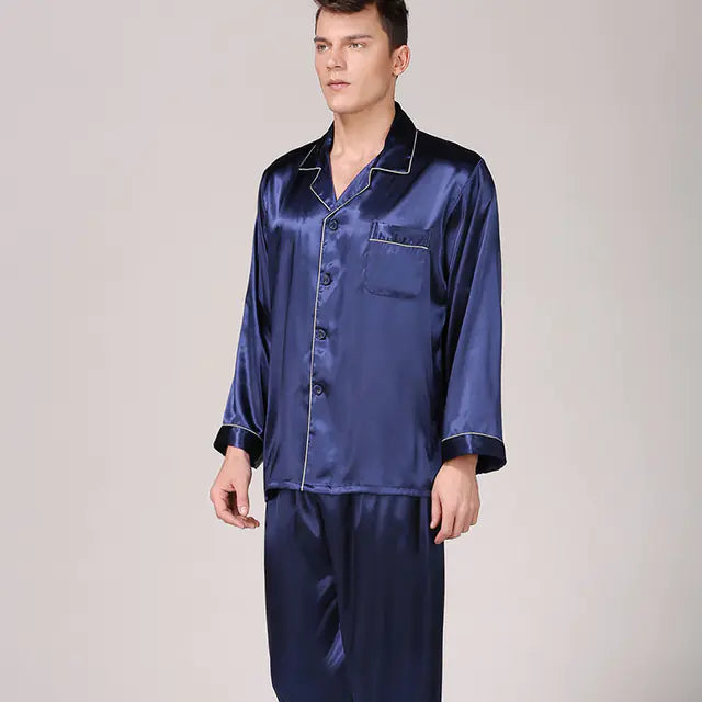Men's Satin Pajamas Lapel Collar Sleepwear Set with Trousers