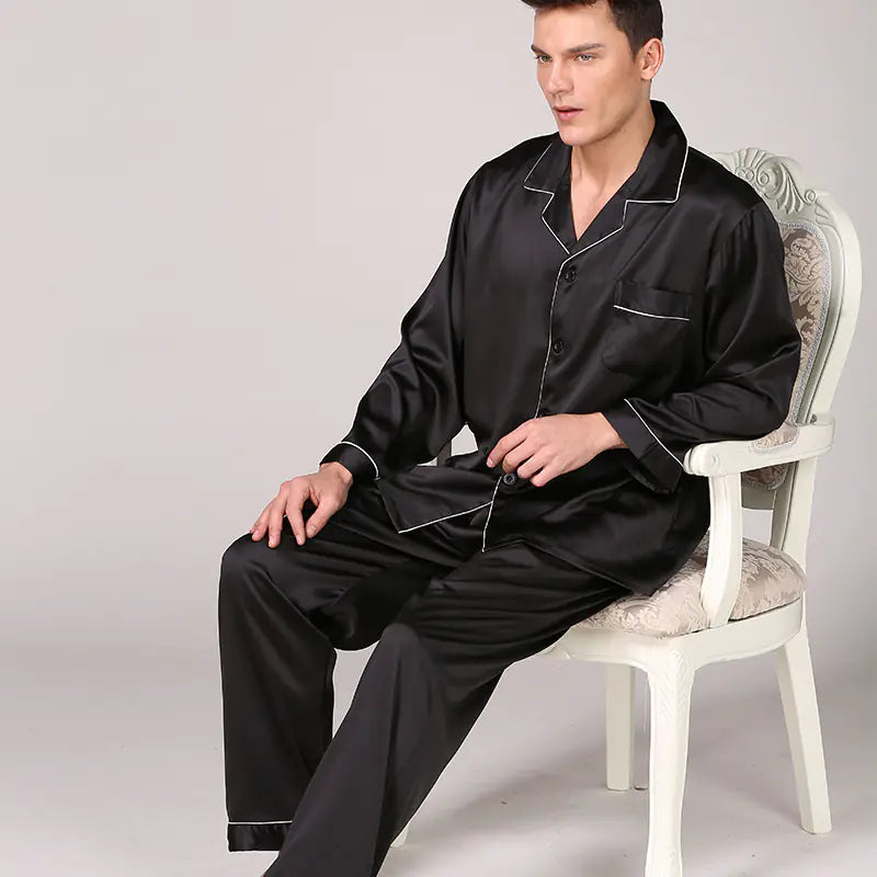 Men's Satin Pajamas Lapel Collar Sleepwear Set with Trousers