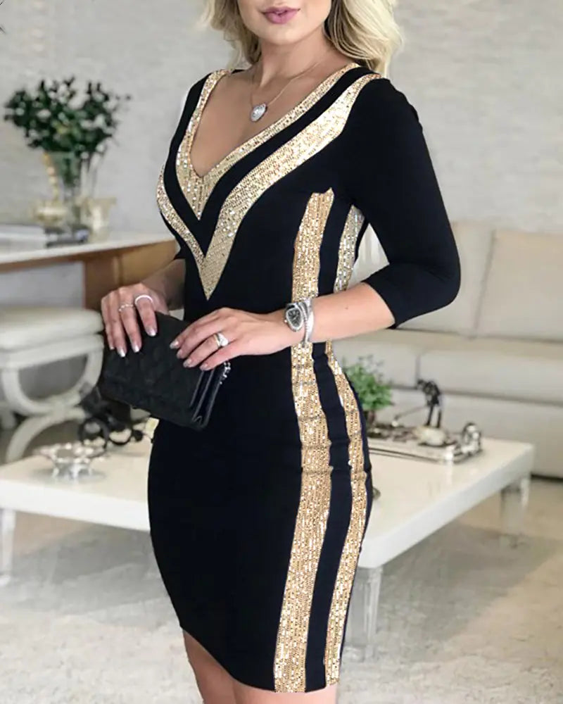 Black and White V-Neck Bodycon Dress for Women