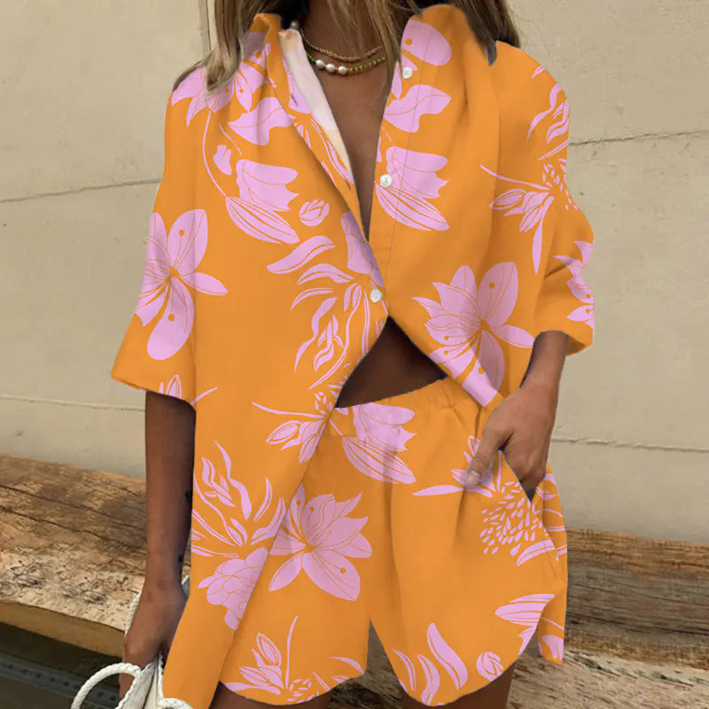 2pc Women's Printed Shirt & Wide Leg short pants Set