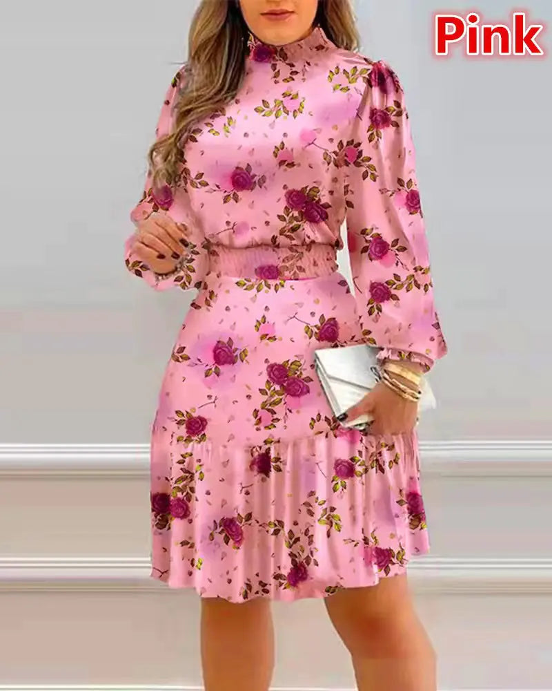 Women's Floral Print Dress with Pile Collar Design