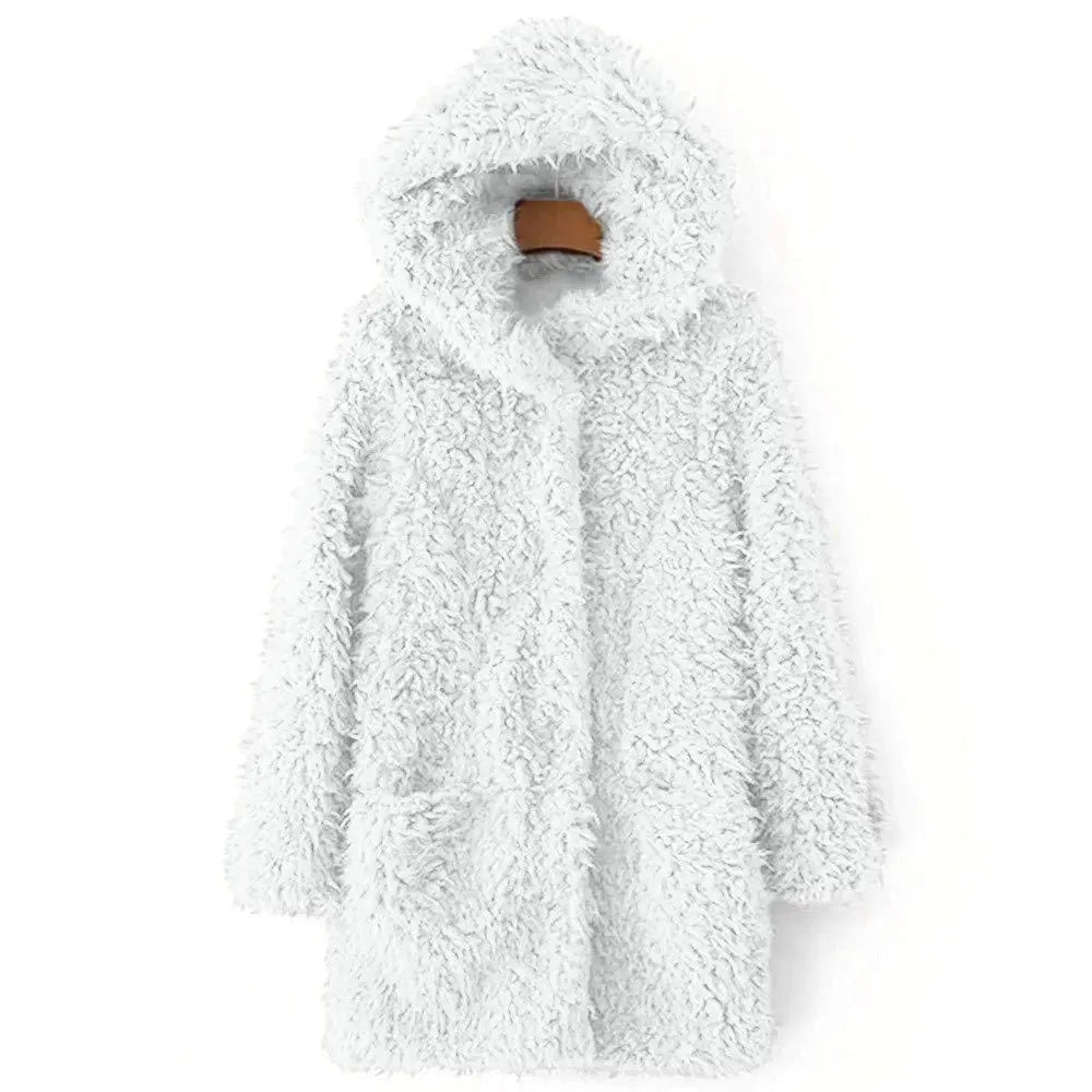 Women's Hooded Lambswool Long Sleeve Coat with Pockets