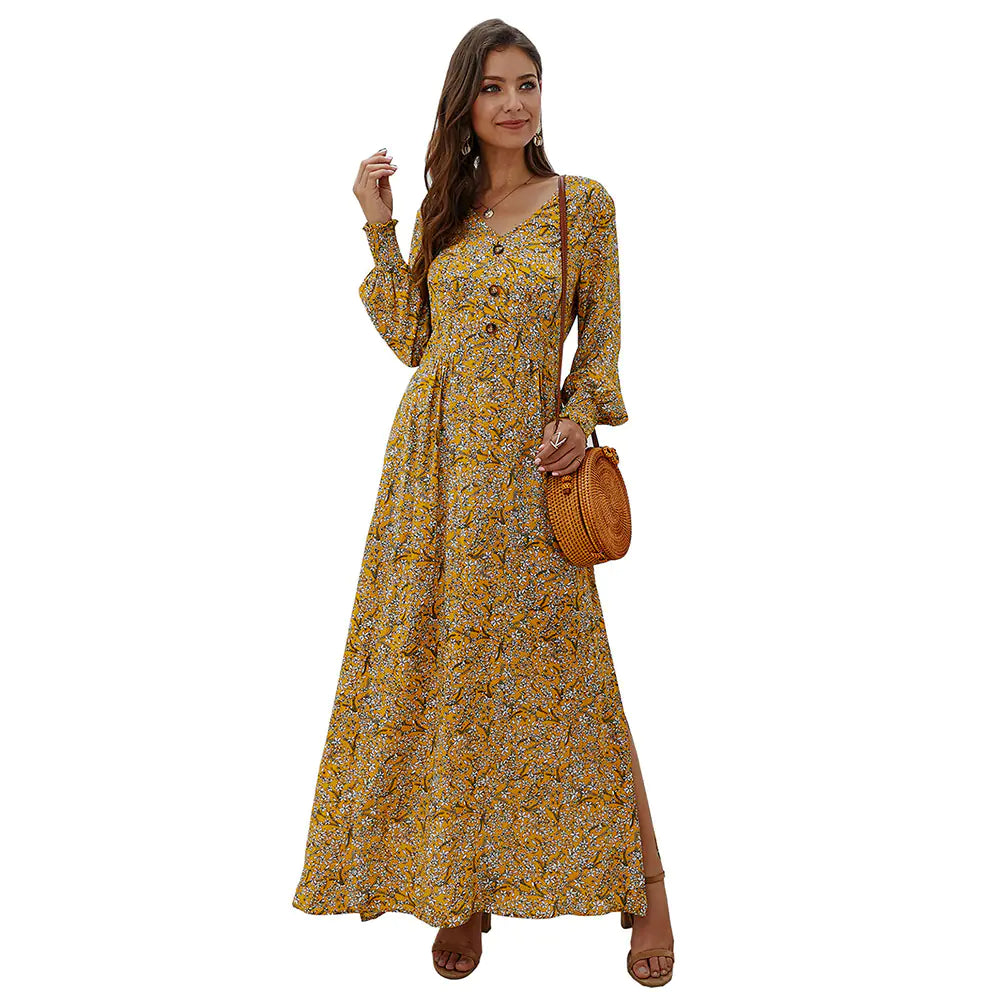 Vintage Floral Maxi Dress with Lantern Sleeves