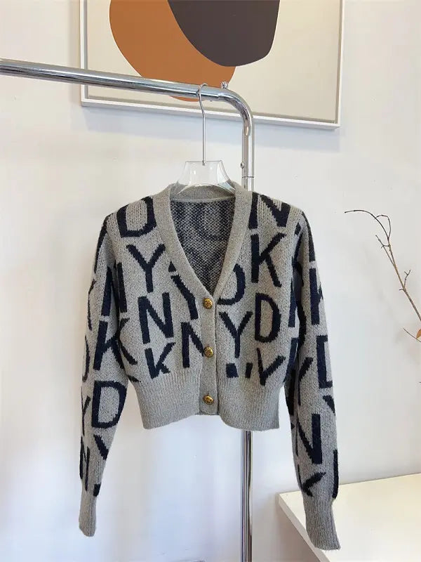 Letter Pattern Knit Cardigan - Casual Long Sleeve Crop