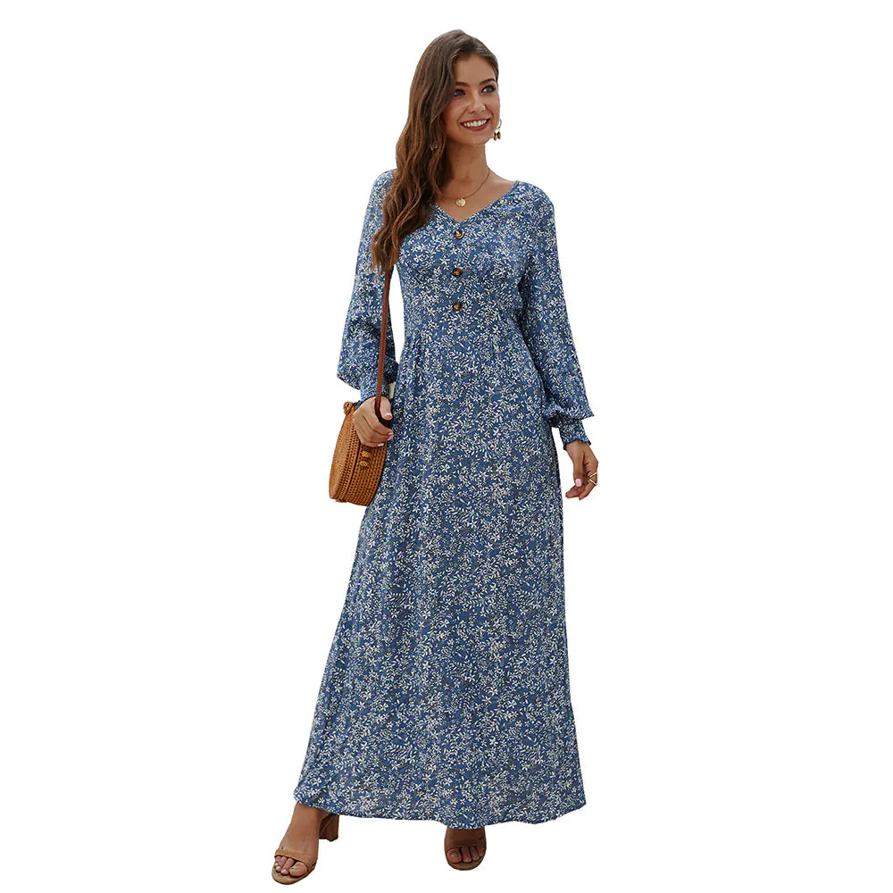 Vintage Floral Maxi Dress with Lantern Sleeves