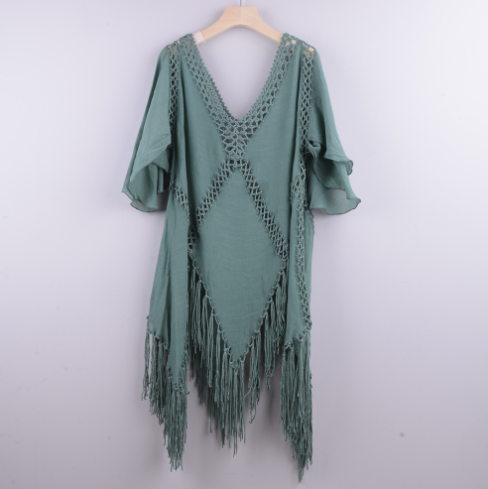 Irregular Crochet Tassel Deep V Beach Dress Cover-Up
