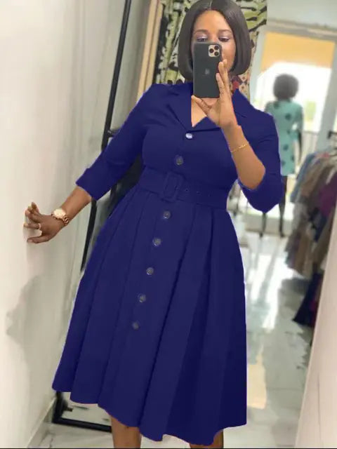 Elegant Women's Long Sleeve A-Line Midi Office Dress