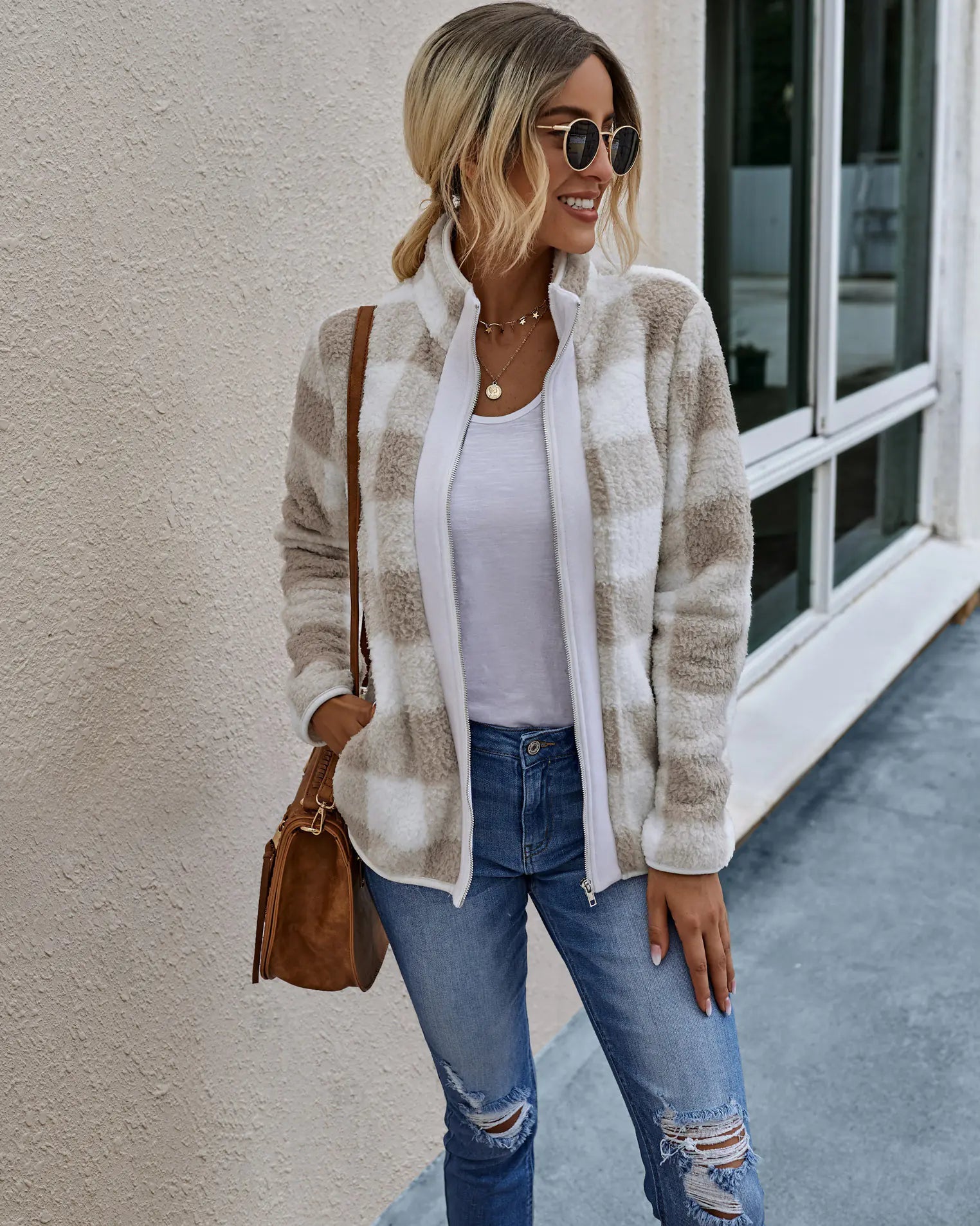 Chic Plaid Plush Zip Coat