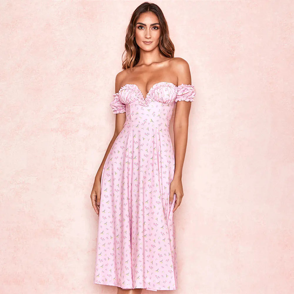 Floral V-Neck Ruffle Hem High Waist Dress with Slit