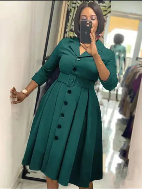 Elegant Women's Long Sleeve A-Line Midi Office Dress
