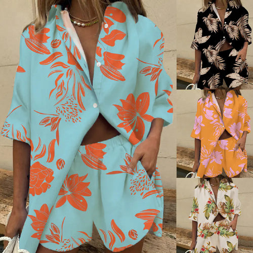 2pc Women's Printed Shirt & Wide Leg short pants Set