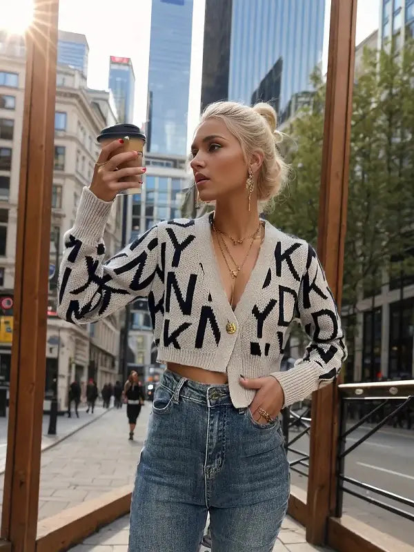 Letter Pattern Knit Cardigan - Casual Long Sleeve Crop