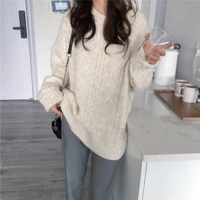 Chunky Twisted Knit Sweater for Women, Loose Fit