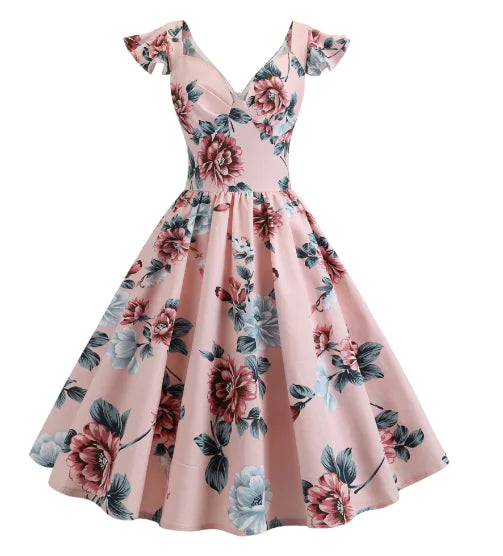 V-Neck Vintage Floral Maxi Dress with Flared Skirt