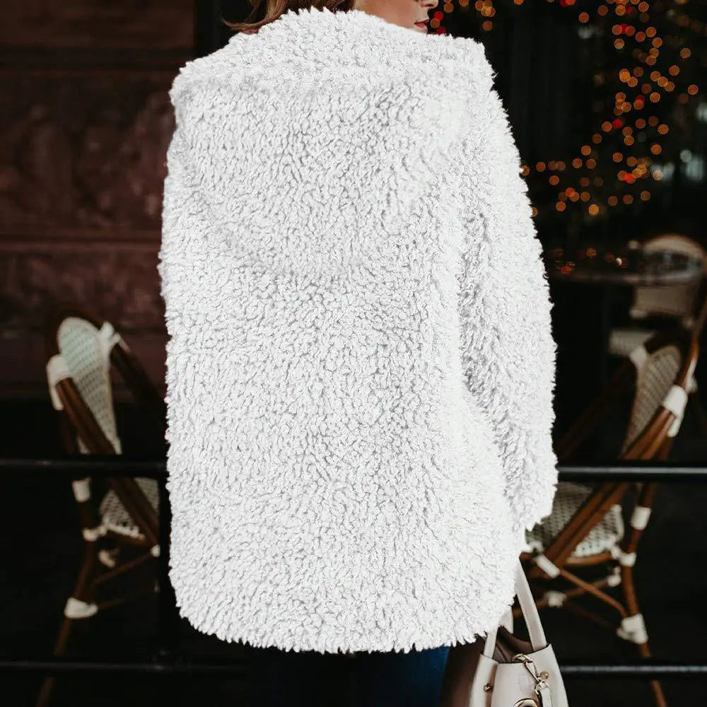 Women's Hooded Lambswool Long Sleeve Coat with Pockets