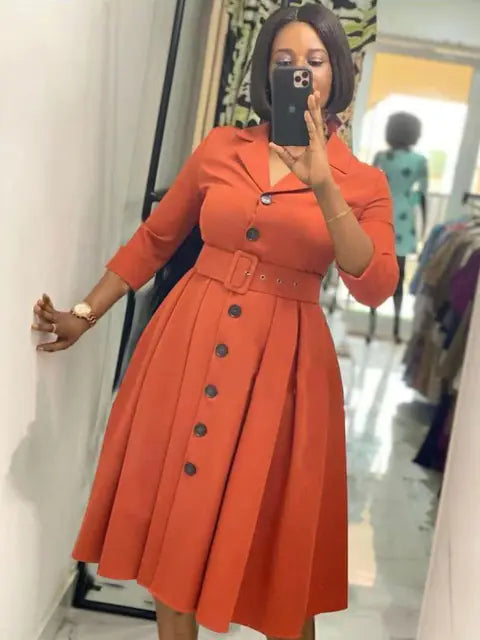 Elegant Women's Long Sleeve A-Line Midi Office Dress