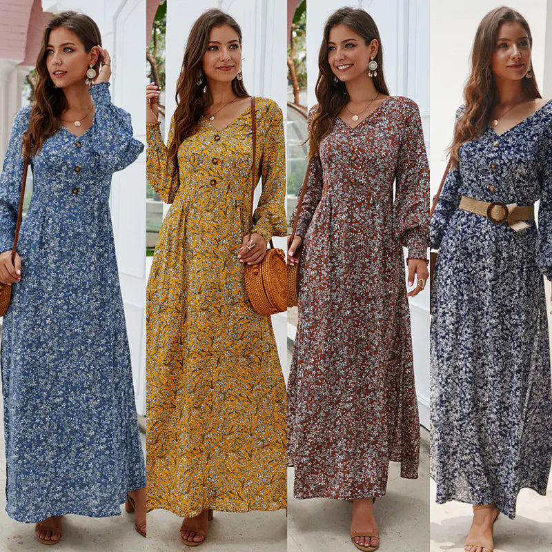 Vintage Floral Maxi Dress with Lantern Sleeves
