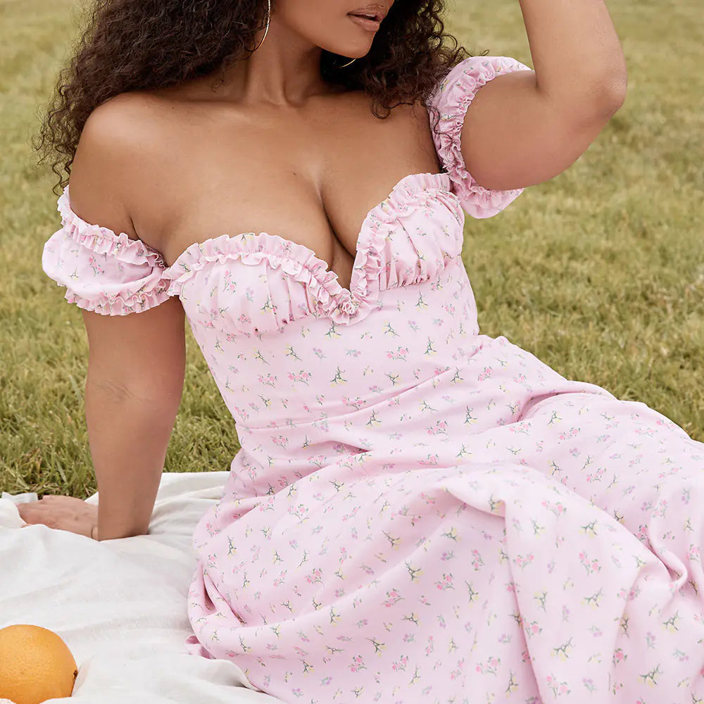 Floral V-Neck Ruffle Hem High Waist Dress with Slit
