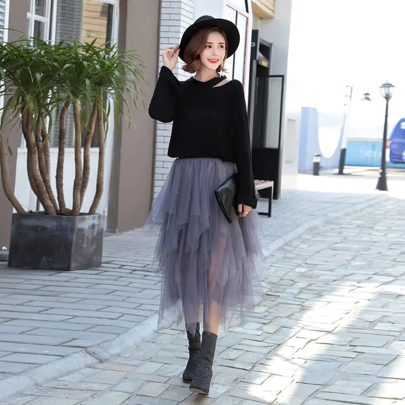 High-Waisted Irregular Mesh Hem Fluffy Gauze Skirt
