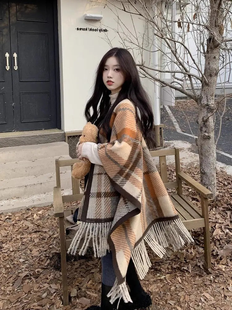 Versatile English Plaid Shawl Cape