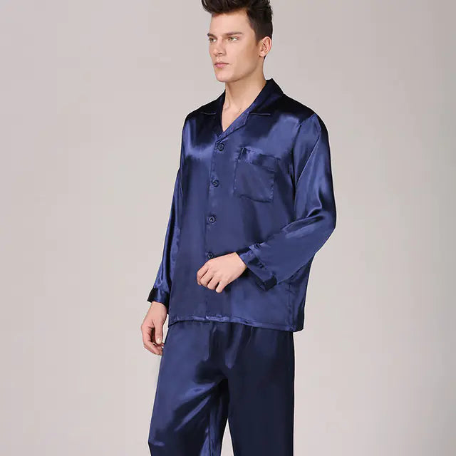 Men's Satin Pajamas Lapel Collar Sleepwear Set with Trousers