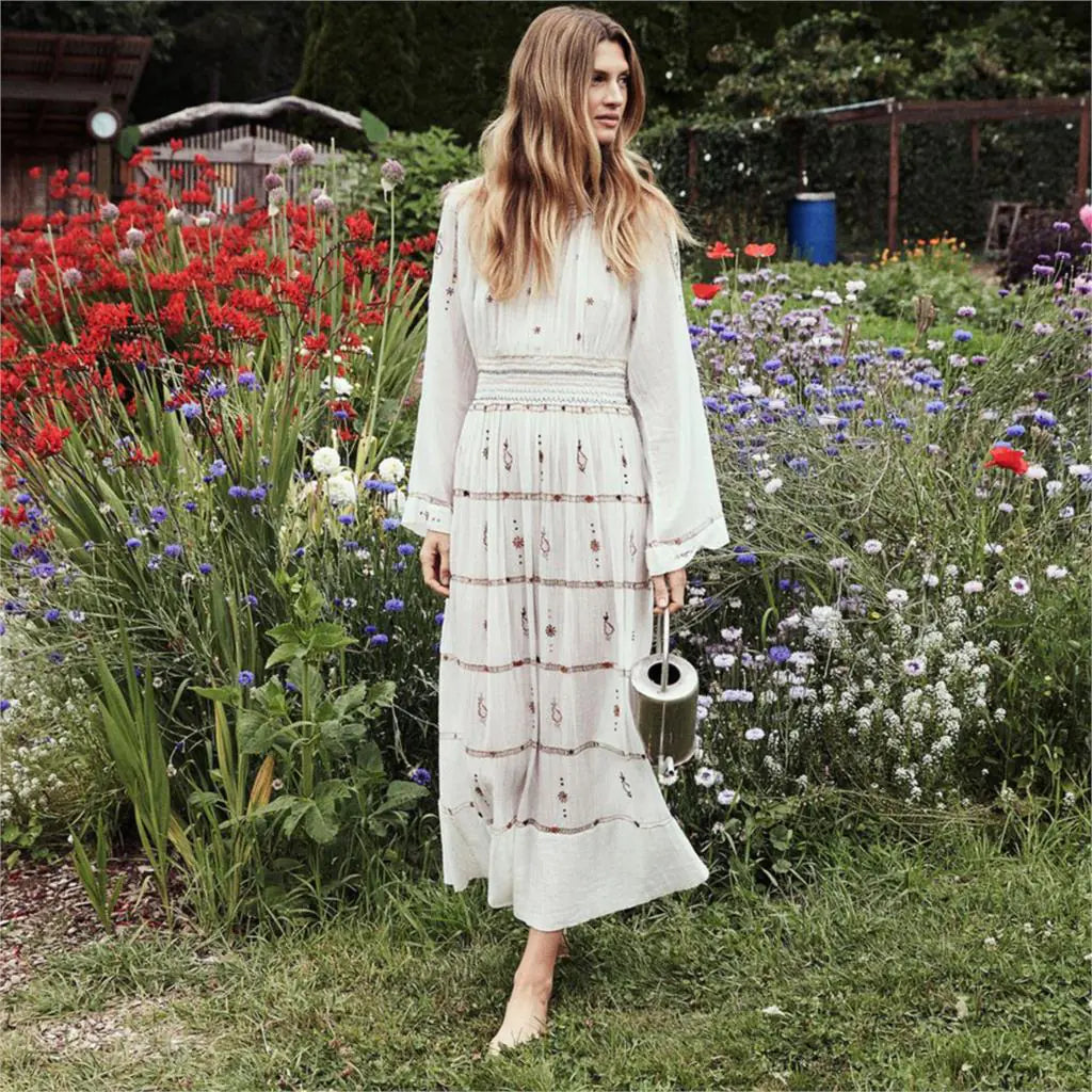 Vintage Embroidered Long Sleeve Dress with Flare Skirt