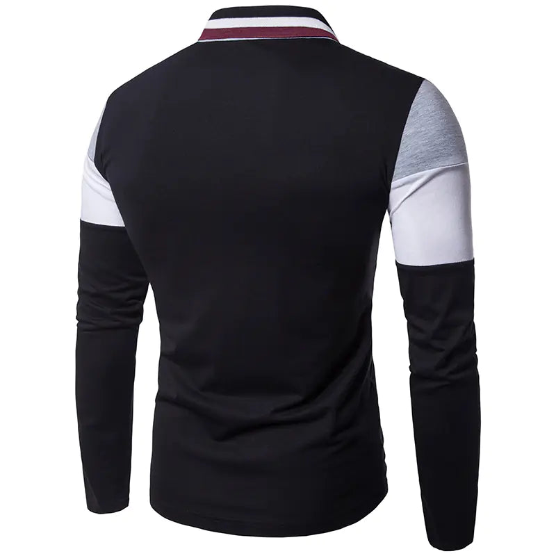 Men's Slim Fit Long Sleeve Color Block Polo Shirt