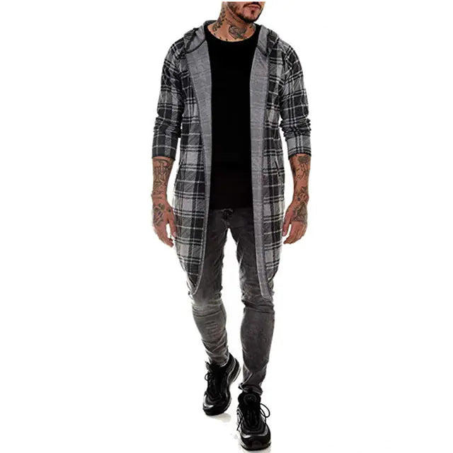 Gothic Long Coat for Men - Hooded Plaid Fashion Jacket