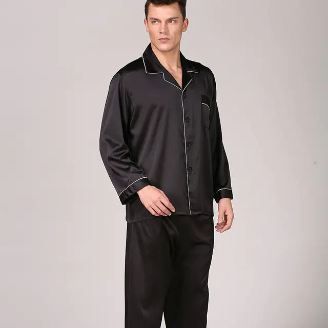 Men's Satin Pajamas Lapel Collar Sleepwear Set with Trousers