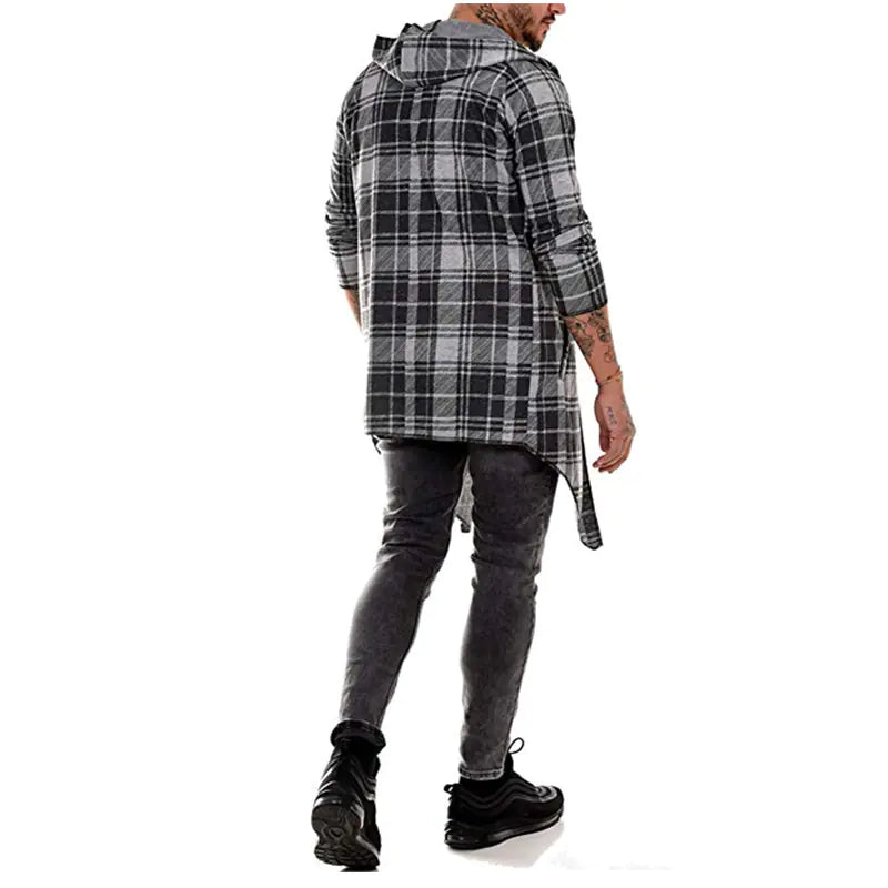 Gothic Long Coat for Men - Hooded Plaid Fashion Jacket
