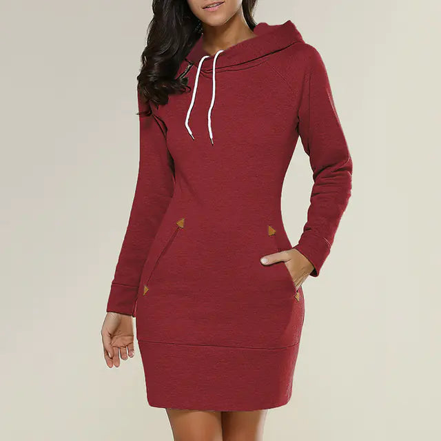 Ladies Hooded Sweatshirt Dress with Pockets (Knee-Length)