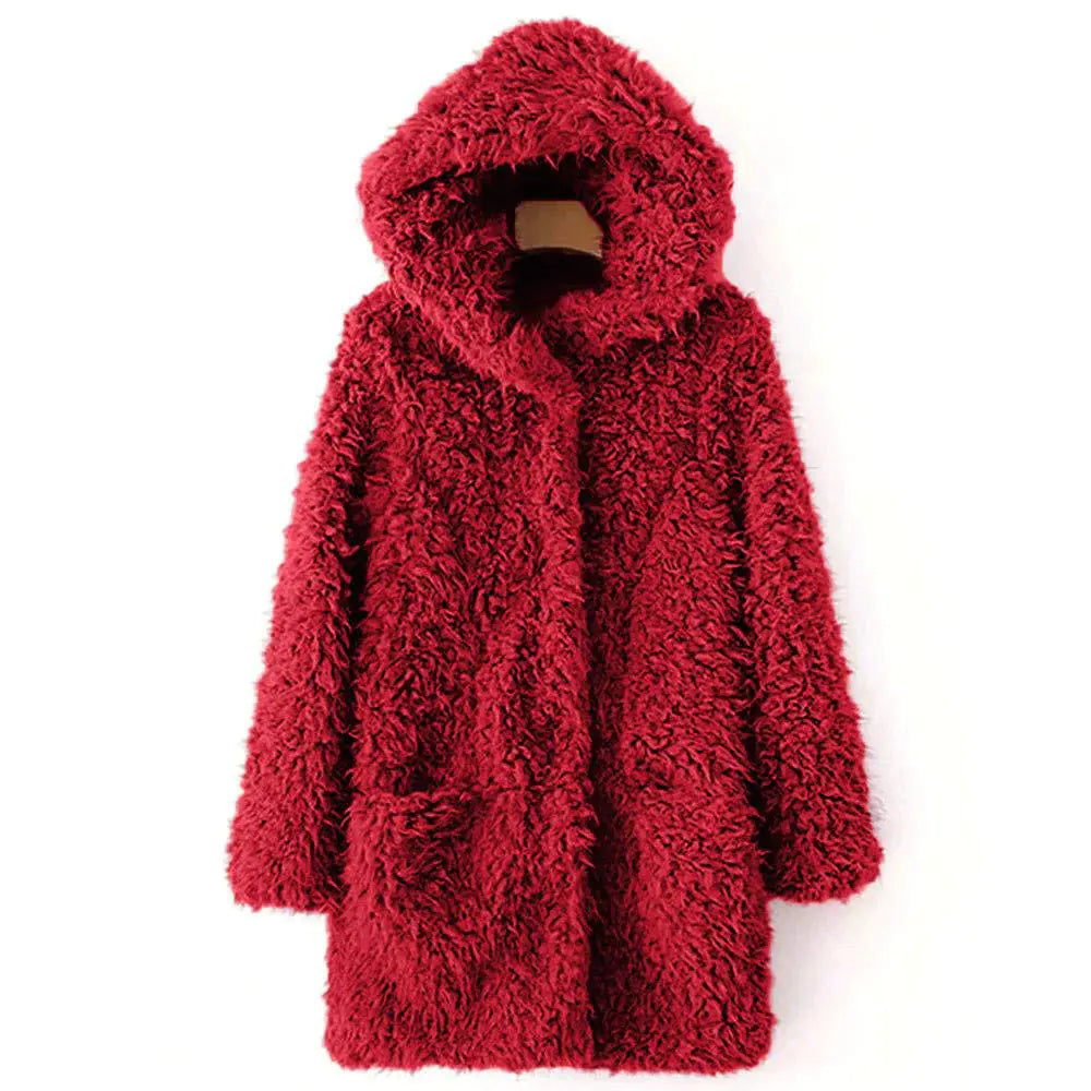 Women's Hooded Lambswool Long Sleeve Coat with Pockets