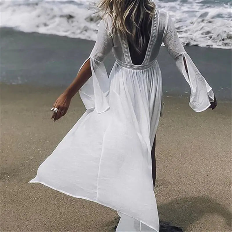 Bamboo Fabric Cover-Up with Flare Sleeves and Open Back