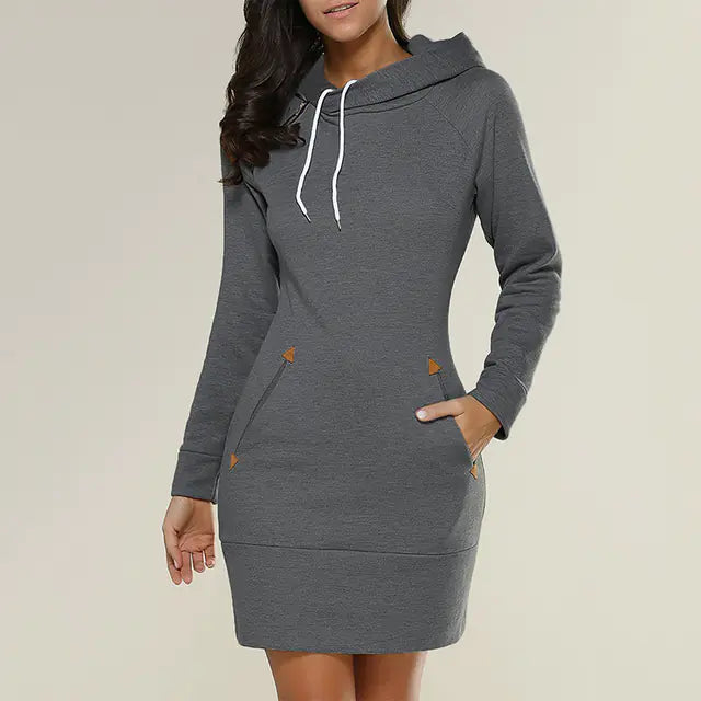 Ladies Hooded Sweatshirt Dress with Pockets (Knee-Length)